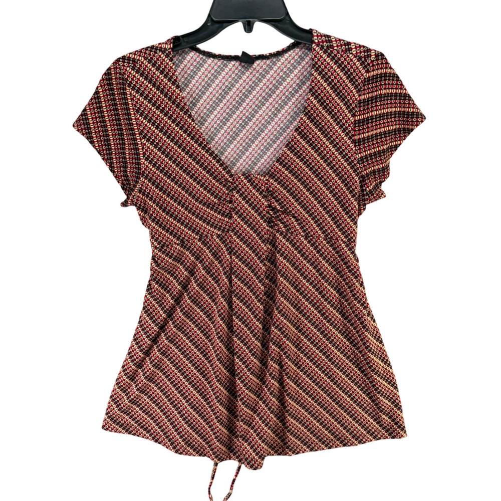 Y2K‎ Molly Babydoll Top Womens S Burgundy Tan Geometric Ruched Back Tie Blouse